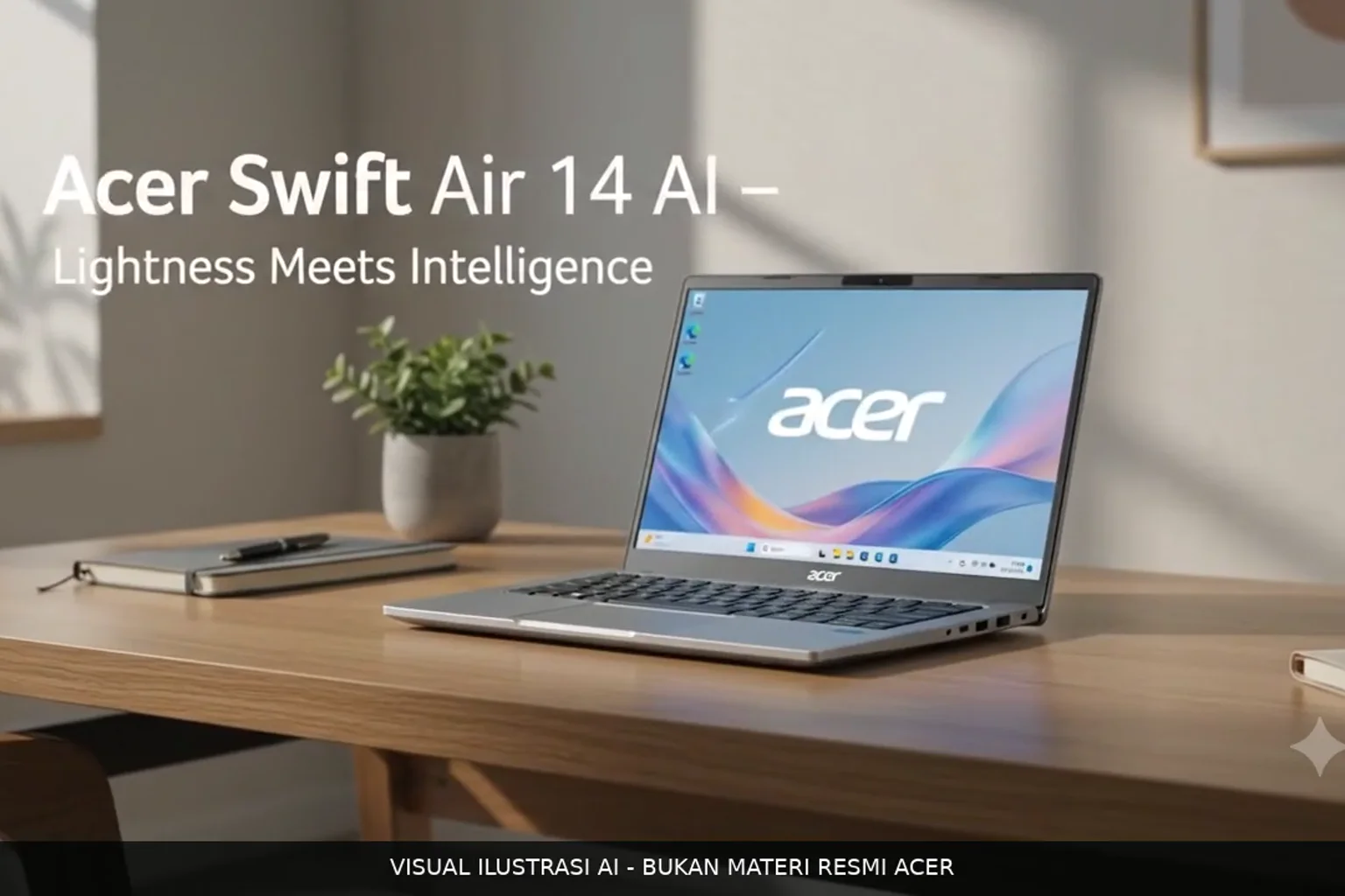 Ilustrasi AI Acer Swift Air 14 AI di atas meja kerja