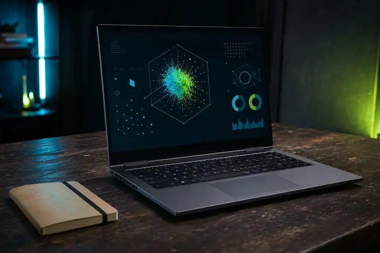 Laptop tipis tanpa merek dengan visual data abstrak di layar