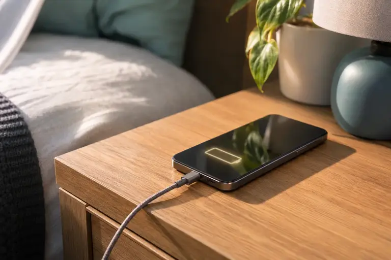 Smartphone sedang diisi daya di meja samping tempat tidur