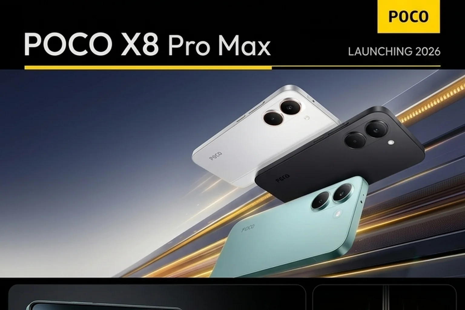 Ilustrasi AI beberapa ponsel POCO X8 Pro Max dengan susunan dua cincin kamera
