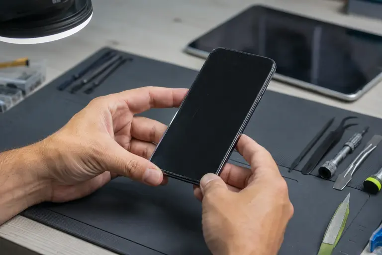 Teknisi memeriksa smartphone bekas di meja kerja