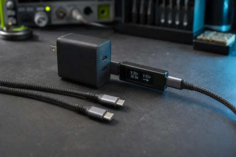 Adaptor pengisi daya USB-C dan kabel di meja pengujian